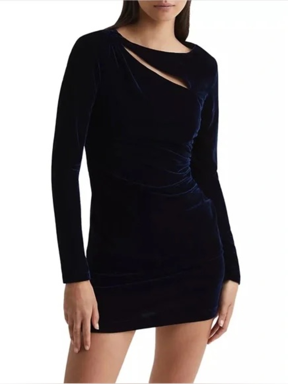 Reiss Black Velvet Long-Sleeve Dress with Asymmetric Shoulder Cutout SIZE US 12